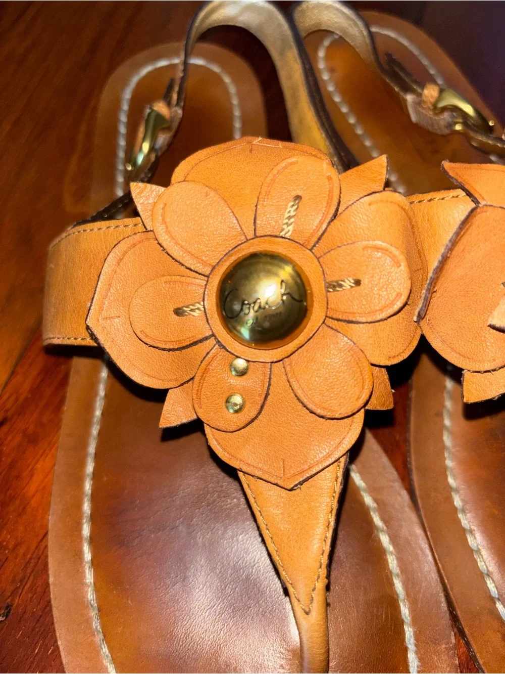 Coach Tan Leather Floral Thong Sandals with Gold-Tone Studs